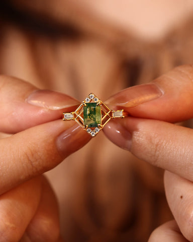 VERDELIA Modern Vintage Art Deco Emerald Moss Agate Engagement Ring