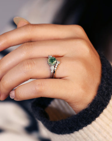 SYLVARIS Round Shaped Moss Agate Engagement Ring Set