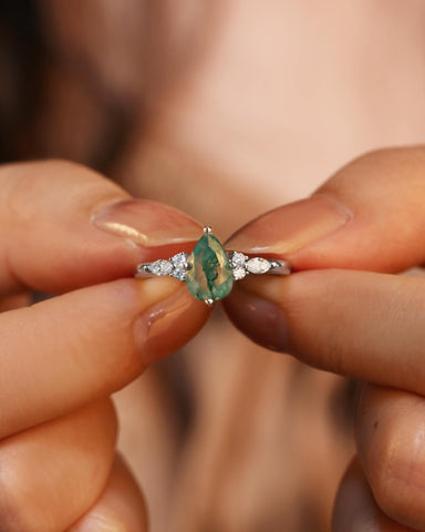 LIAZA Natural Moss Agate Pear Shaped Engagement Ring