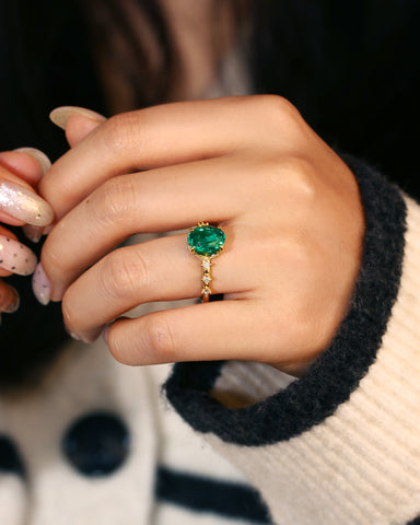 JADE Moissanite Accented Oval Cut Emerald Engagement Ring