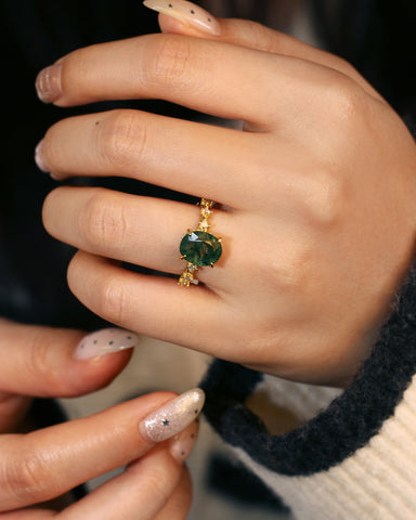 UDAIS Unique Nature Inspired Oval Shaped Moss Agate Engagement Ring