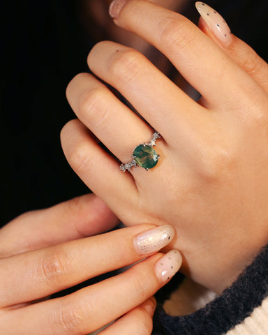 UDAIS Unique Nature Inspired Oval Shaped Moss Agate Engagement Ring