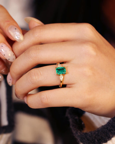VICTORIA Three Stone Twinning Pears Emerald Engagement Ring