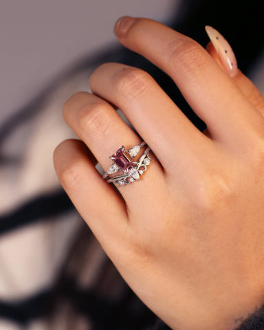 THEIA Unique Emerald Cut Wedding Ring Set Alexandrite moon & sun Inspire Bridal Set-2pcs