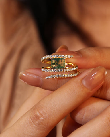 FERNELLE Natural Moss Agate Emerald Cut Three Layer Surround Engagement Ring