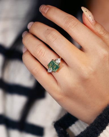 MAUDIE Natural Green Moss Agate Emerald Cut Engagement Ring with Moissanite Sidestones