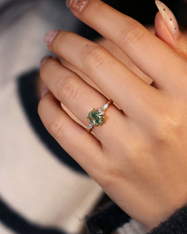 VERN Gorgeous Cluster Oval Moss Agate Engagement Ring