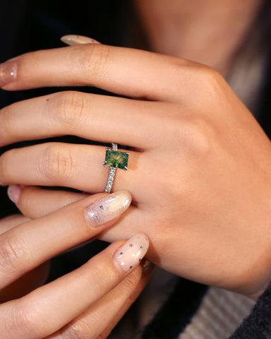 RAYA Emerald Cut Natural Moss Agate Solitaire Engagement Ring