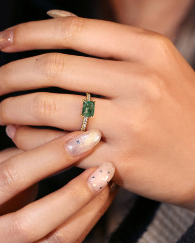 OLIA East West Emerald Cut Moss Agate Pave Moissanite Engagement Ring