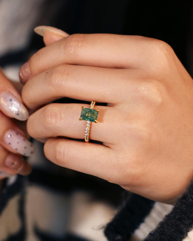 RAYA Emerald Cut Natural Moss Agate Solitaire Engagement Ring