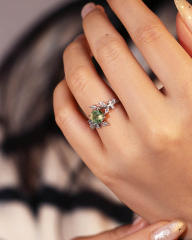 KNIGHT Round Moss Agate Leaf Engagement Ring