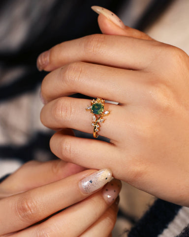 KNIGHT Round Moss Agate Leaf Engagement Ring