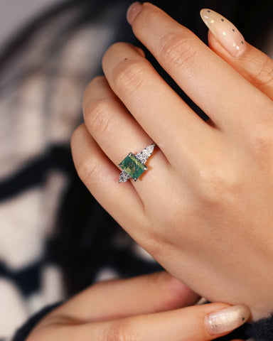 SULLY Emerald Cut Moss Agate and Moissanite Cluster Engagement Ring