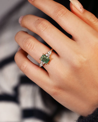 SULLY Emerald Cut Moss Agate and Moissanite Cluster Engagement Ring