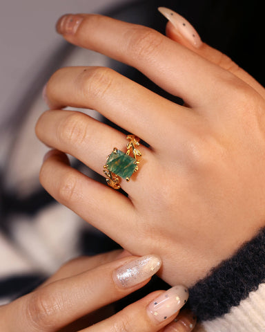 FENNA Emerald Cut Moss Agate Leafy Engagement Ring