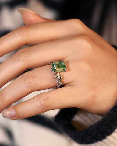 FENNA Emerald Cut Moss Agate Leafy Engagement Ring