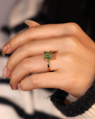 ANN Petal Basket Princess Cut Moss Agate Solitaire Engagement Ring