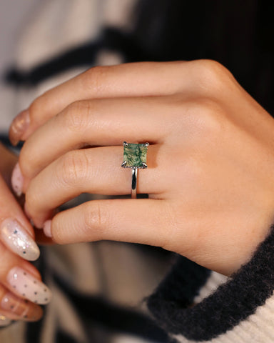 ANN Petal Basket Princess Cut Moss Agate Solitaire Engagement Ring