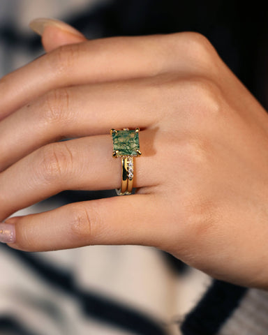 VERGER Princess Cut Green Moss Agate Engagement Ring Set