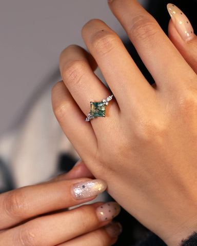 JUDITH Princess Cut Moss Agate Three Stone Engagement Ring