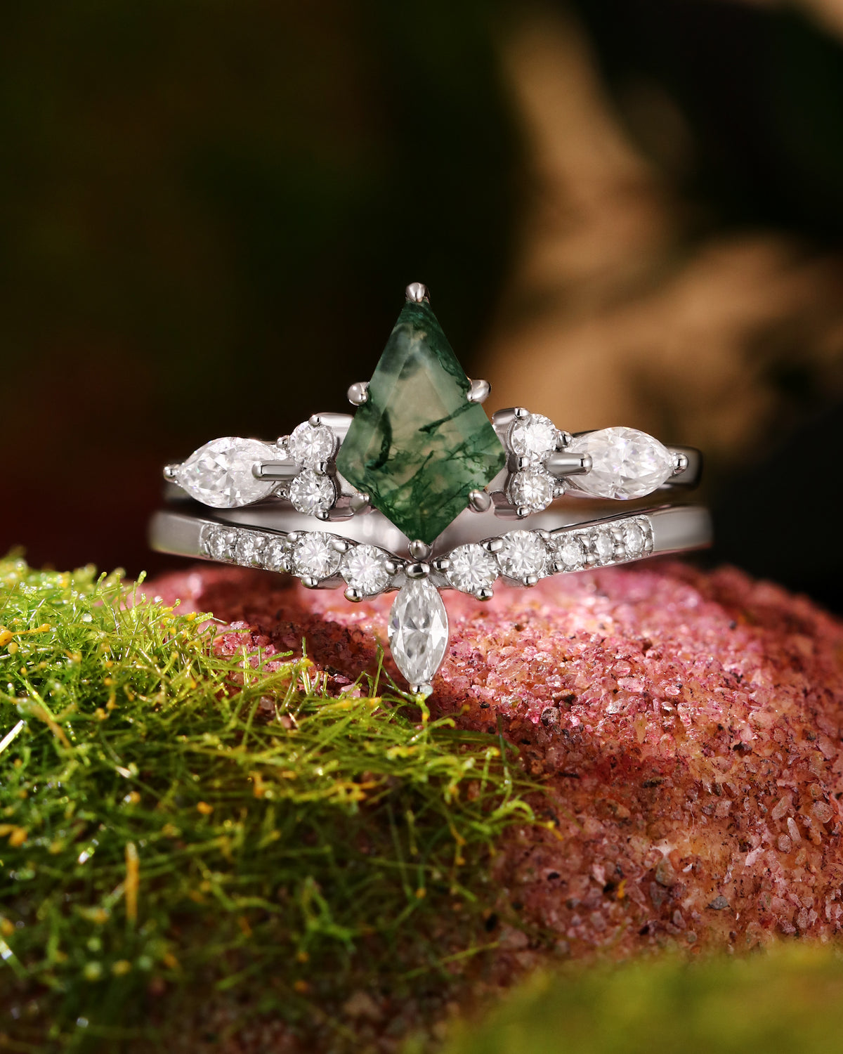 FIRANO Vintage Kite Shaped Moss Agate and Diamond Engagement Ring Set