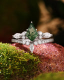 FIRANO Vintage Kite Shaped Moss Agate and Diamond Engagement Ring Set