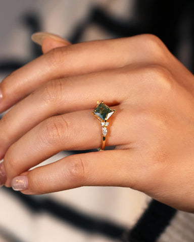 JUDITH Princess Cut Moss Agate Three Stone Engagement Ring