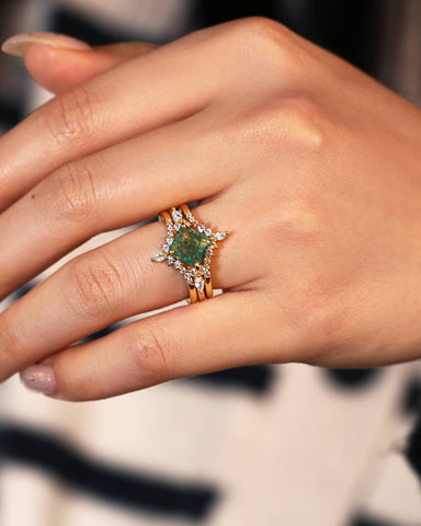 FAITH Green Moss Agate Princess Cut Engagement Ring Set 3pcs