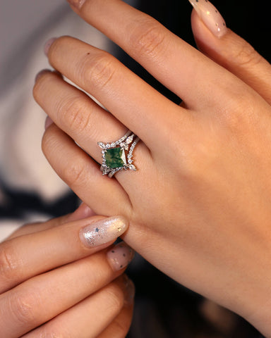 FAITH Green Moss Agate Princess Cut Engagement Ring Set 3pcs
