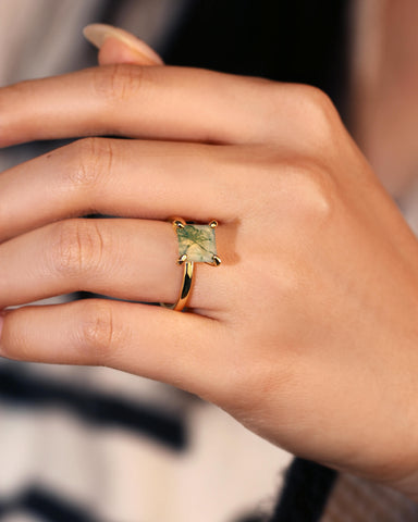 RHEA Princess Cut Moss Agate Solitaire Engagement Ring