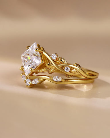 TARIAN Princess Cut Moissanite Wedding Ring Nature Inspired Bridal Ring Set