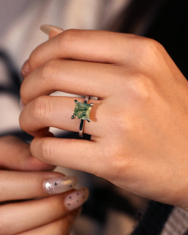 RHEA Princess Cut Moss Agate Solitaire Engagement Ring