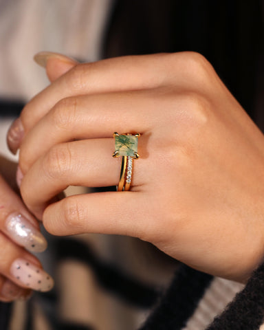 AADHYA Princess Cut Natural Moss Agate Solitaire Wedding Bridal Ring