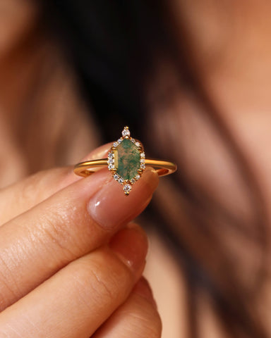 LILAC Hexagon Cut Moss Agate Vintage Halo Engagement Ring
