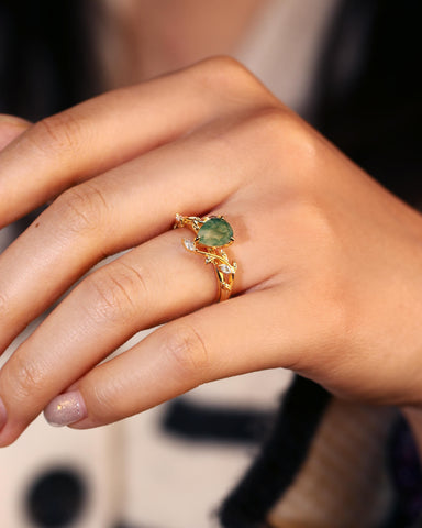 DALE Nature Inspired Pear Cut Moss Agate Leafy Ring