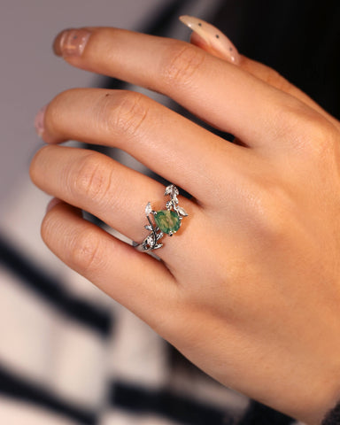 DALE Nature Inspired Pear Cut Moss Agate Leafy Ring