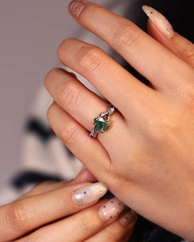 MABEL Pear Cut Moss Agate Leaf Nature Inspired Engagement Ring