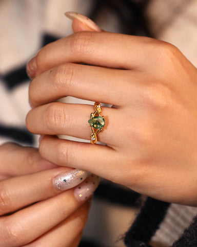 MABEL Pear Cut Moss Agate Leaf Nature Inspired Engagement Ring