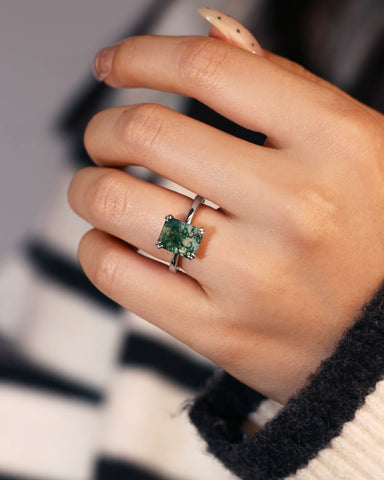 HARPER Double Prongs Emerald Cut Natural Moss Agate Engagement Ring