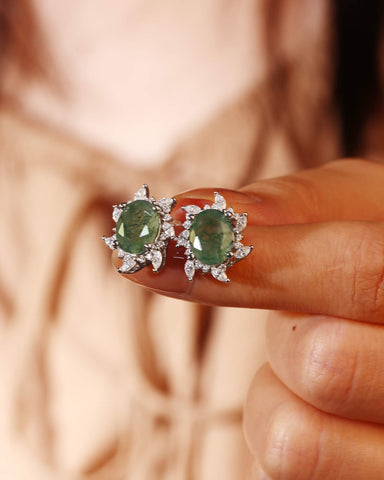 ANEMONE Oval Cut Moss Agate Moissanite Cluster Halo Earrings