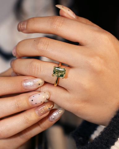 HARPER Double Prongs Emerald Cut Natural Moss Agate Engagement Ring