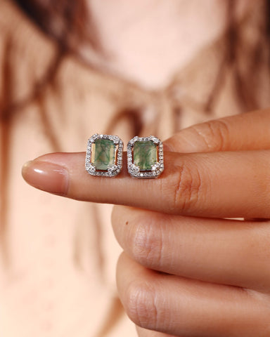 IRENE Emerald Cut Moss Agate Halo Earrings