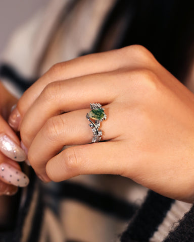 AVERY Pear Cut Moss Agate Leafy Engagement Ring