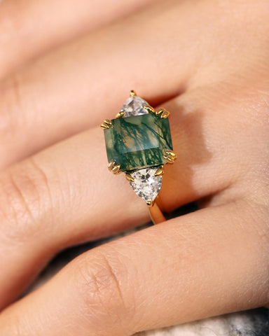 MAUDIE Natural Green Moss Agate Emerald Cut Engagement Ring with Moissanite Sidestones
