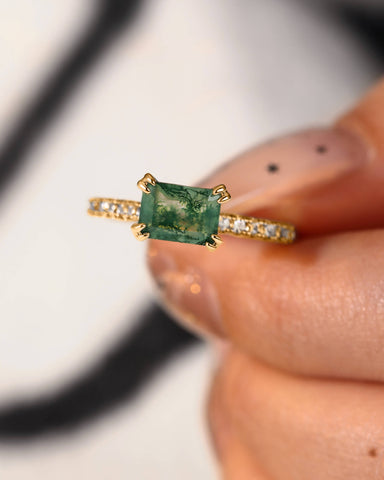 OLIA East West Emerald Cut Moss Agate Pave Moissanite Engagement Ring