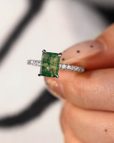 RAYA Emerald Cut Natural Moss Agate Solitaire Engagement Ring