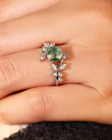 KNIGHT Round Moss Agate Leaf Engagement Ring