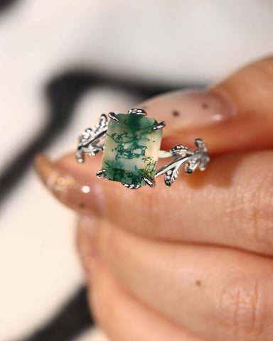 FENNA Emerald Cut Moss Agate Leafy Engagement Ring