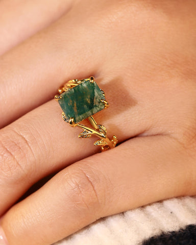 FENNA Emerald Cut Moss Agate Leafy Engagement Ring