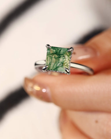 ANN Petal Basket Princess Cut Moss Agate Solitaire Engagement Ring